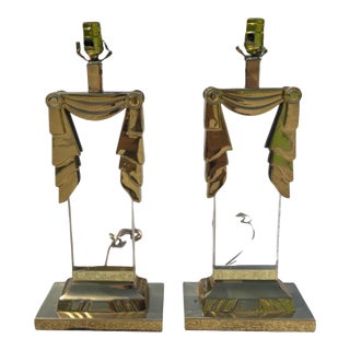 Postmodern Brass & Lucite Ionic Column Pillar Swag Table Lamps, a Pair For Sale