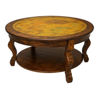 Mid 20th Century Old World Tobacco Walnut Coffee Table With Verdigris Metal Inset Top For Sale