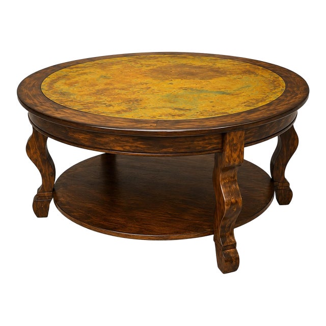 Mid 20th Century Old World Tobacco Walnut Coffee Table With Verdigris Metal Inset Top For Sale