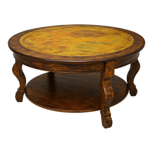 Mid 20th Century Old World Tobacco Walnut Coffee Table With Verdigris Metal Inset Top