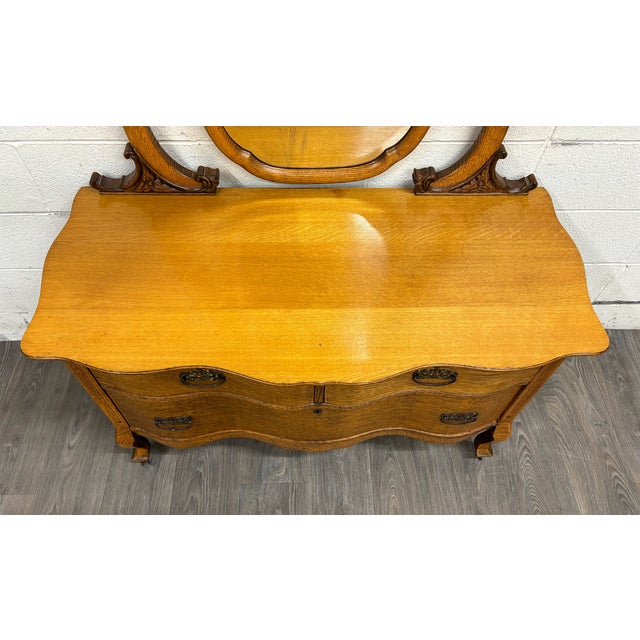 Wood Antique Victorian Tiger Oak Serpentine Dresser With Mirror For Sale - Image 7 of 11