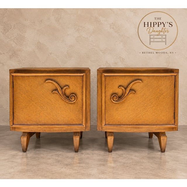 Auburn Vintage Hoke Mid Century End Tables – 1960s MCM Bedside Cabinets - Cottagecore, Sculpted Wood For Sale - Image 8 of 10