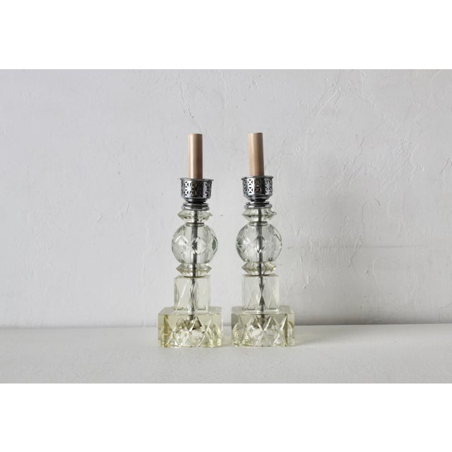 Chrome Art Deco Chrome Cut Glass Small Scale Table Lamps Vintage-a Pair For Sale - Image 8 of 13