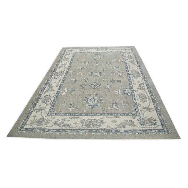Early 21st Century Gray & Blue Floral Design Handwoven Wool Turkish Oushak Rug 9'1" X 12' For Sale In Houston - Image 6 of 8