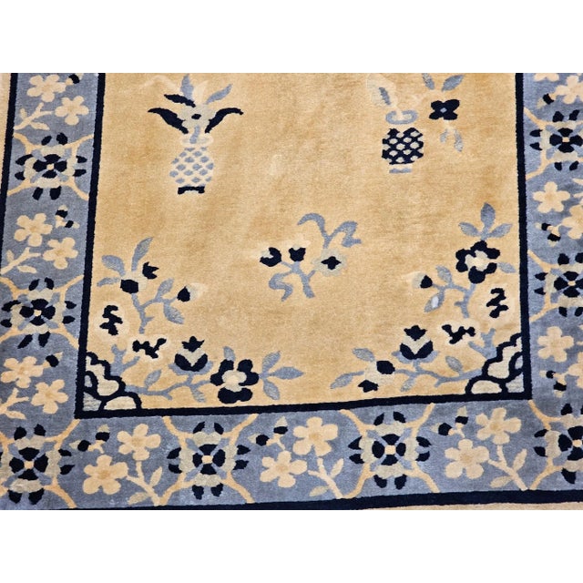 Vintage Chinese Art Deco Rug, Hand-Knotted Wool, Tan & Blue, 1900s For Sale In Chicago - Image 6 of 12
