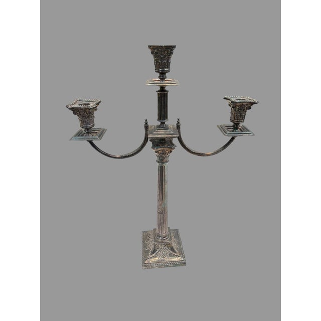 Victorian Antique Silverplate Candelabra Pair 3 Light Corinthian Column 22” Tall Ornate For Sale - Image 3 of 10
