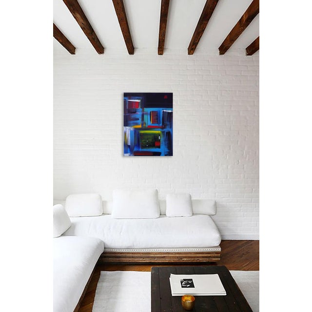 Méli-Mélo is an abstract composition built from overlapping blocks of ultramarine, cobalt blue, and deep violet,...