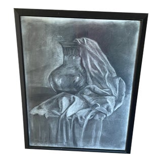 Naomi Sanders Original Framed Charcoal Still Life Drawing of Urn and Drapery, 2000 For Sale