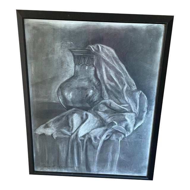 Naomi Sanders Original Framed Charcoal Still Life Drawing of Urn and Drapery, 2000 For Sale