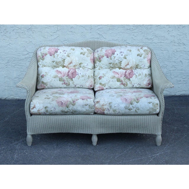 High Quality Vintage Lloyd Flanders Aluminum Frame Woven Outdoor Wicker Settee Loveseat with Floral Upholstered Cushions