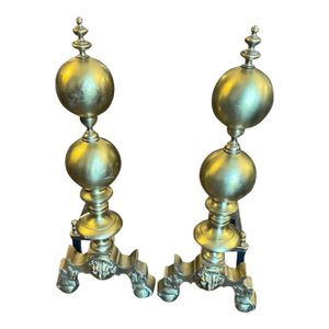Pair of Vintage American Brass Andirons With Classic Double-Ball Double-Ball Design and Lion Paw Feet, Circa 1940s–1960s