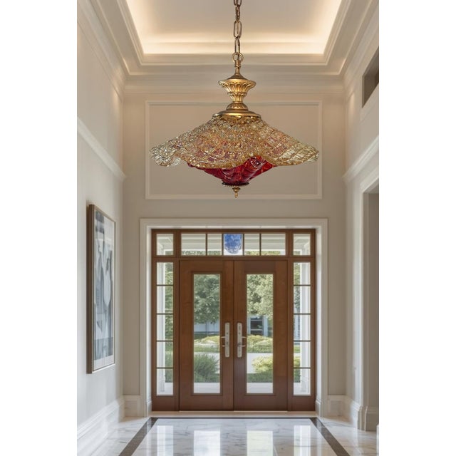 Amber Vintage Murano Fazzoletto Art Glass “Fiore Di Fuoco” Amber Red Pendant Light For Sale - Image 8 of 18