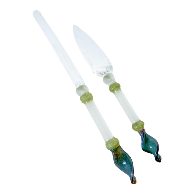 Late 20th Century Andrea Zampella Sheffield Stainless Art Glass Cake Server Set- 2 Pieces For Sale