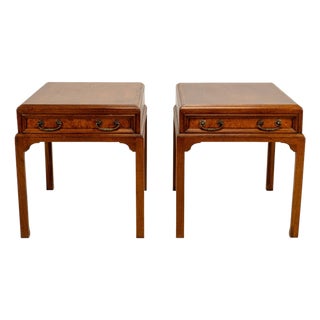 Vintage Burl Walnut Nightstands by Fine Arts Furniture With Brass Handles - A Pair For Sale