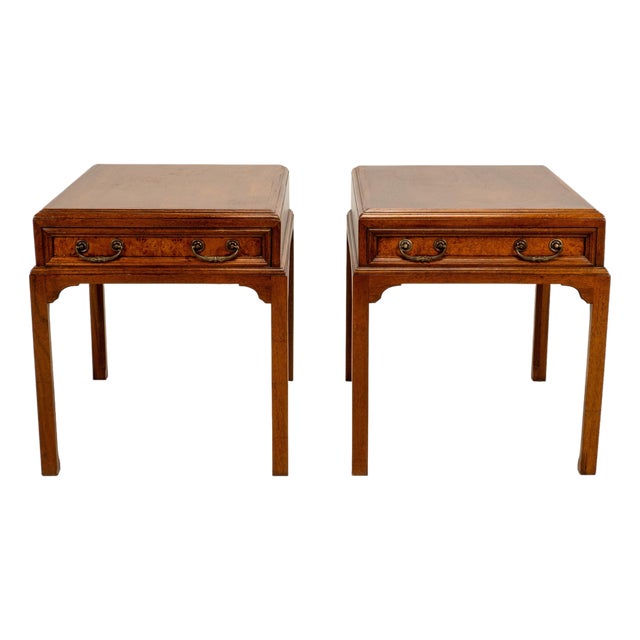 Vintage Burl Walnut Nightstands by Fine Arts Furniture With Brass Handles - A Pair For Sale