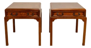 Vintage Burl Walnut Nightstands by Fine Arts Furniture With Brass Handles - A Pair