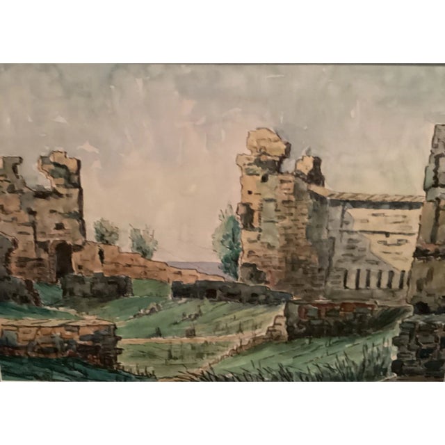 Original Watercolor, Castle Ruins in Fuengirola, Spain, Ancient Fortress Signed by Artist, Wooden Frame With Green matting For Sale - Image 9 of 12