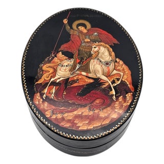 Russian Hand Painted Lacquer Box Depicting St George and the Dragon, 4.5 For Sale