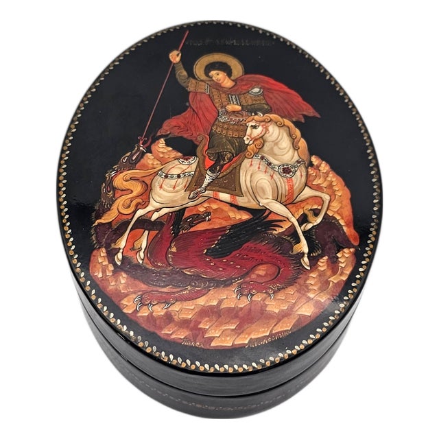 Russian Hand Painted Lacquer Box Depicting St George and the Dragon, 4.5 For Sale