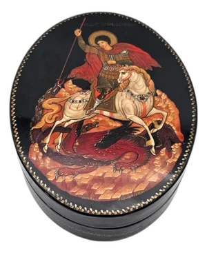 Russian Hand Painted Lacquer Box Depicting St George and the Dragon, 4.5
