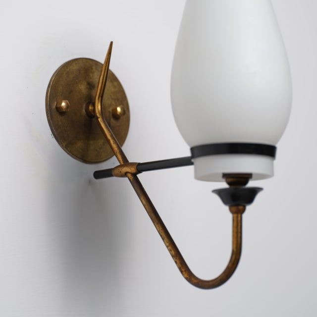 Mid-Century Modern Italian Brass Black Metal and Opaline Glass Wall Sconce, 1950s For Sale - Image 3 of 8