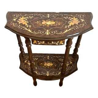Mid 20th Century Italian-Style Marquetry Inlaid Demilune Console Table With Lower Shelf For Sale