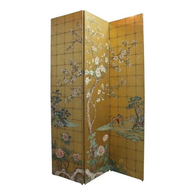 Vintage Japanese Gilt , Figural & Floral Hand Painted 3-Panel Screen C1940 For Sale - Image 10 of 14