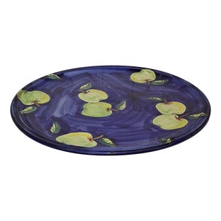 Vintage Italian Ceramic Serving Platter with Yellow-Green Apples on a Blue Background, 1996 For Sale