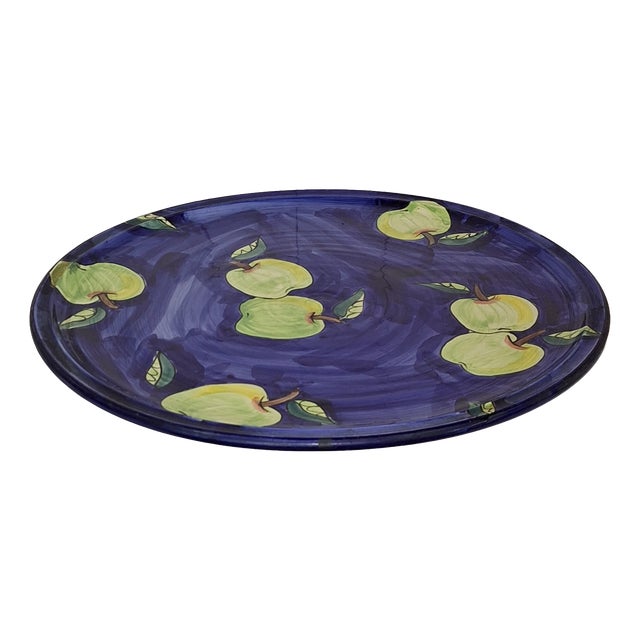 Vintage Italian Ceramic Serving Platter with Yellow-Green Apples on a Blue Background, 1996 For Sale