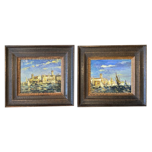 Highly stylized pair of oil paintings depicting Venice harbor. Impressionistic style with thick impasto brush strokes with...