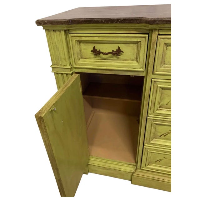 Asparagus 20th-C. Patina Style Hand Painted Italian Marble Top Chinoiserie Sideboard / Credenza For Sale - Image 8 of 8