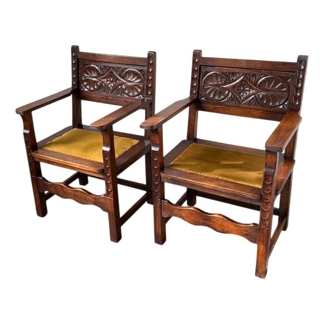 Spanish Armchairs in Carved Wood, 1900, Set of 2 For Sale