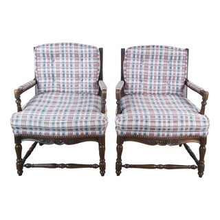 Late 20th Century 2 French Country Walnut Plaid Fauteuil Nailhead Ladderback Club Lounge Armchairs For Sale