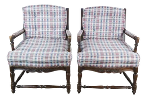 Late 20th Century 2 French Country Walnut Plaid Fauteuil Nailhead Ladderback Club Lounge Armchairs