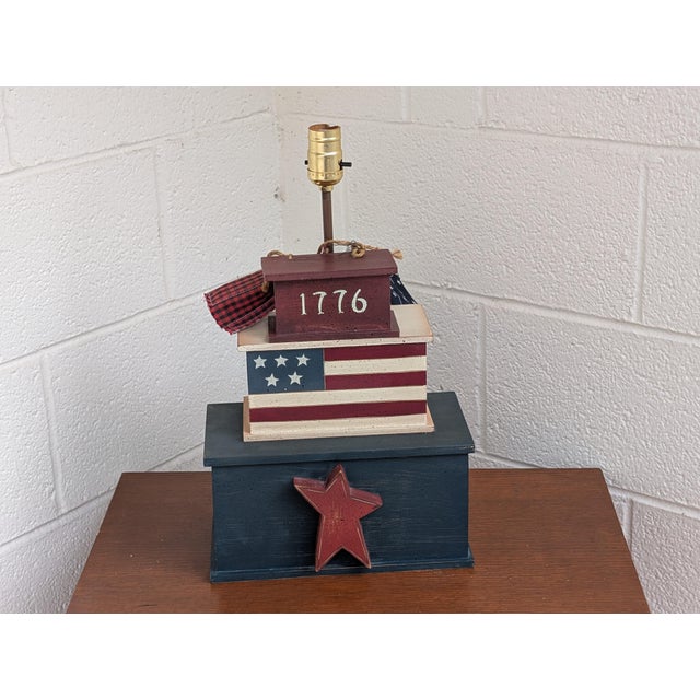 American Handcrafted Americana-Style Patriotic Wooden Block Table Lamp For Sale - Image 3 of 7