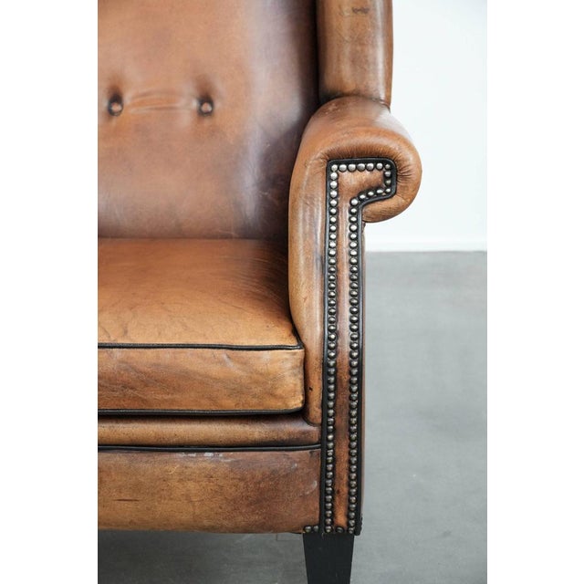Large Sheepskin Leather Wing Chair For Sale - Image 10 of 16