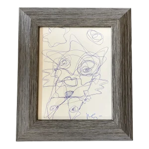 1980’s Vintage Wayne Cunningham Abstract Blue Ink Drawing Framed