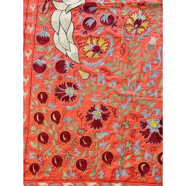 Mid-Century Modern Coral Silk Suzani Wall Hanging With White Peacocks For Sale - Image 3 of 10