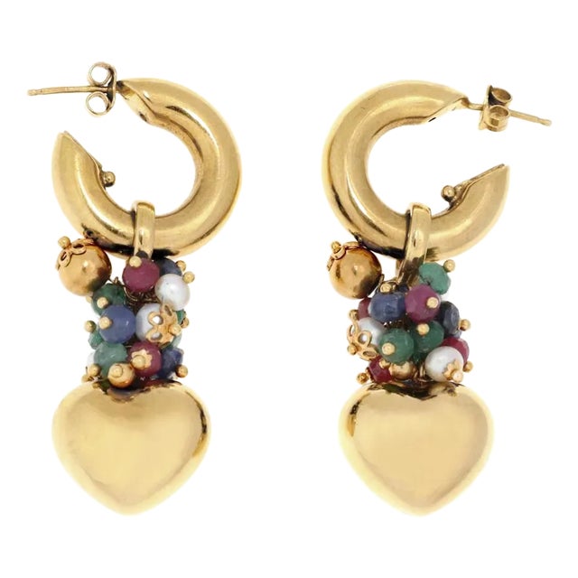 Ruby Emerald Sapphire Pearls Earrings 18k Gold Heart Shape, 2 pieces For Sale