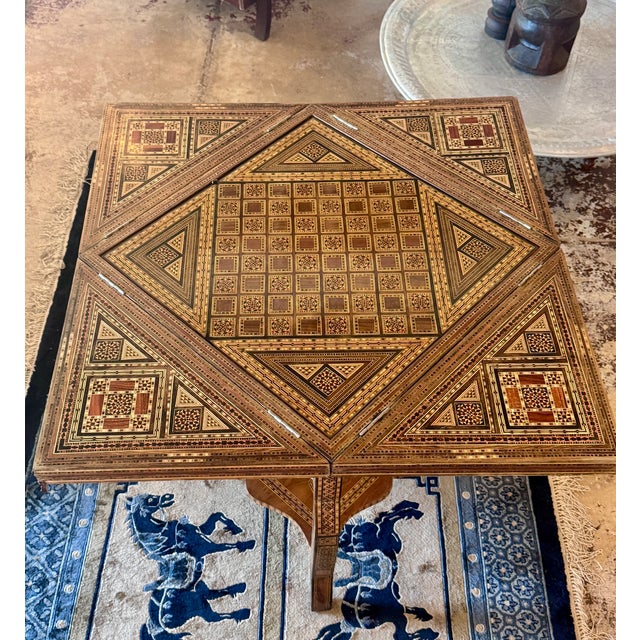 Vintage Marquetry Wood Inlay With Mother of Pearl Folding Game Table For Sale - Image 17 of 18