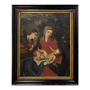 Antique Framed Oil Painting on Canvas of Madonna, Child & Angel ~ Flemish School