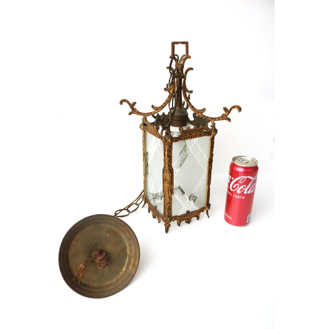 Antique Japanese Style Brass and Etched Glass Hanging Lantern, Early 20th Century For Sale - Image 16 of 18