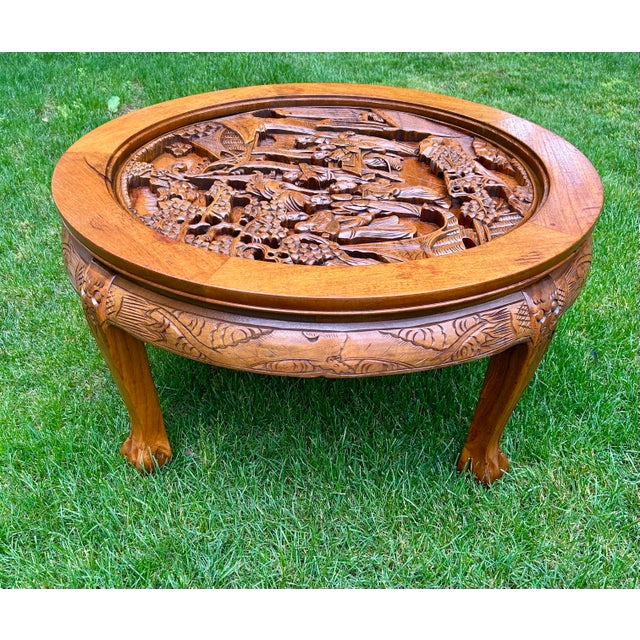 1970s Vintage, Hand-Carved, Fruitwood Coffee Table Set, Complete With Round Protective Glass and Four Matching Stools - Set of 6 For Sale - Image 11 of 12