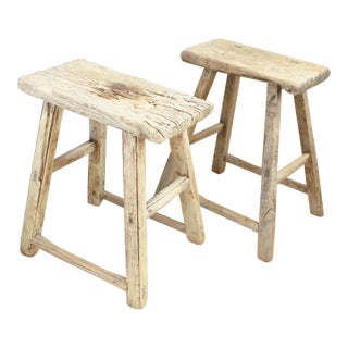 Vintage Distressed Rustic Stool/Side Table/Wabi Sabi Farmhouse Wood 19" For Sale