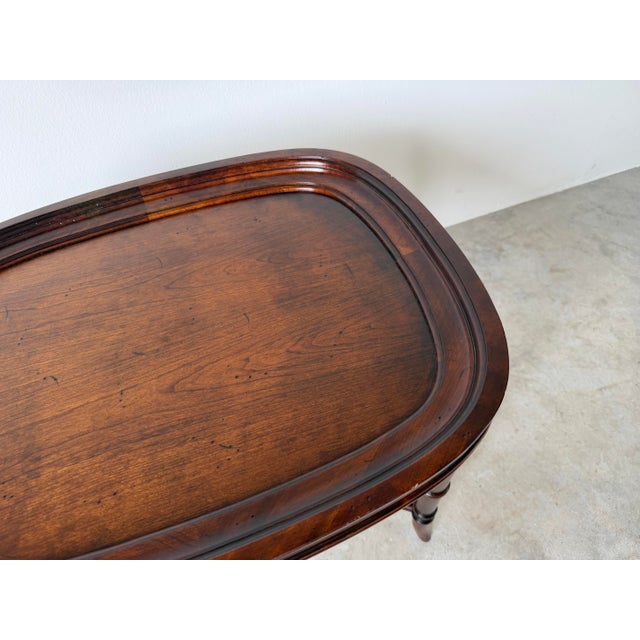 Wood Vintage Henredon / Hekman - Style Faux Bamboo Carved Wood Oval Tray-Top Side Table For Sale - Image 7 of 12