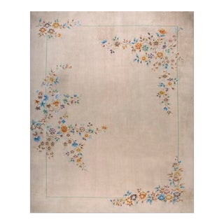 1930s Ivory Floral Modernist Antique Chinese Art Deco Carpet 11' X 13' 9" Knotted Wool Rug For Sale