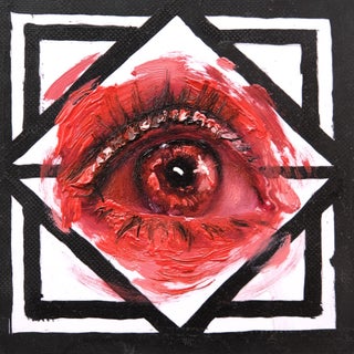 Embers Stare 3 by Stefan Smit | Oil on Panel Eye in red tones with geometric background For Sale
