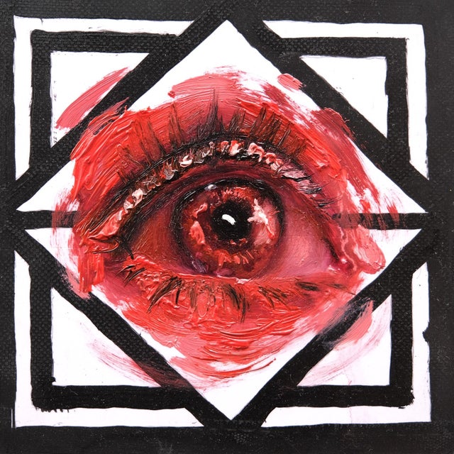 Embers Stare 3 by Stefan Smit | Oil on Panel Eye in red tones with geometric background For Sale