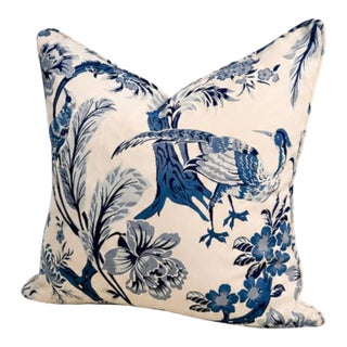 Blue Chinoiserie Bird & Floral Pillow For Sale