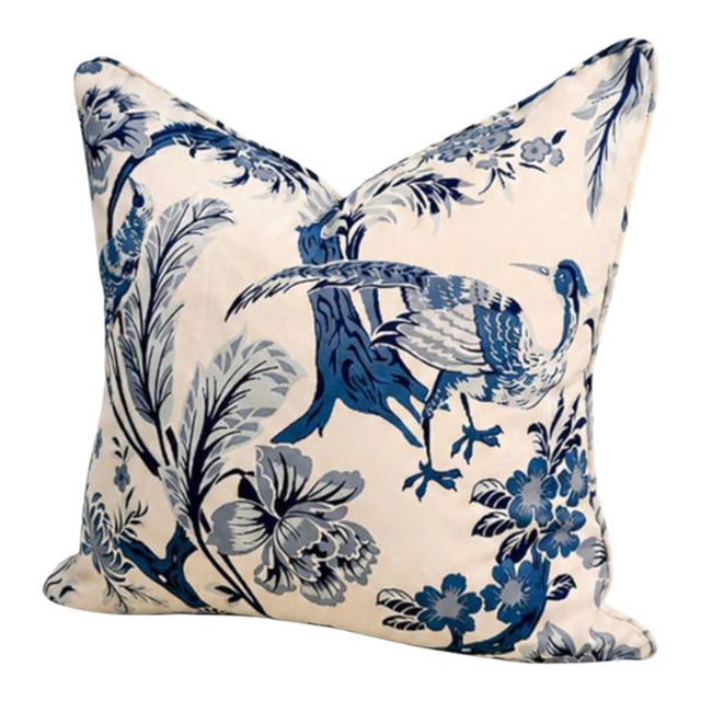 Blue Chinoiserie Bird & Floral Pillow For Sale